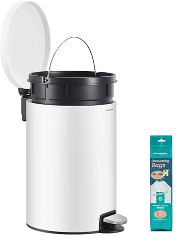 SONGMICS Pattumiera Rotonda, Cestino con 15 Sacchetti Spazzatura, Pedale in Metallo, Secchio Rimovibile in Plastica, Manico, Chiusura Ammortizzata, Acciaio, 20 L, Bianco Nuvola LTB021WZ01
