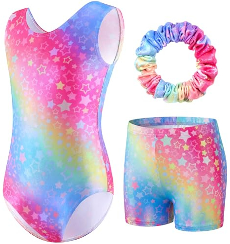 FILOWA Leotardo de Gimnasia para Niñas 3 Piezas Sin Mangas Maillot de Gimnasia Rítmica con Pantalones Cortos y Diadema Conjunto Arcoíris Degradados Body Traje De Competición para 9-10 años, Rosa
