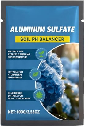 Acidificante de suelo para hortensias | 100 g, sulfato de aluminio | Reductor de pH rápido para jardín | Torna las hortensias azules, amantes de los ácidos, uso en estanques