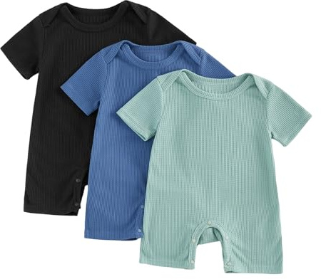 BeliBacca 3 Pack Baby Boy Short Sleeve Jumpsuit Newborn Summer Clothes Solid Color Crew Neck Waffle Knit Romper Spring Summer Baby Boy Clothes (Blue, 12-18 Months)