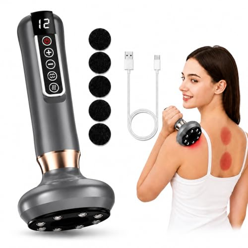 Masajeador Eléctrico Anticelulítico 4 en 1, Masajeador de Celulitis, 12 Niveles de Succión y Calor, Ventosaterapia Eléctrica Gua Sha para Abdomen, Espalda, Brazos y Piernas, Gris