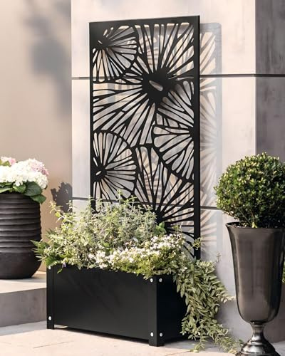 Pflanzkasten mit Rankgitter aus Metall, schwarz, 60x24x24 cm, mit Rankhilfe 122 cm hoch, Blumenkasten mit Spalier, Hochbeet mit Sichtschutz