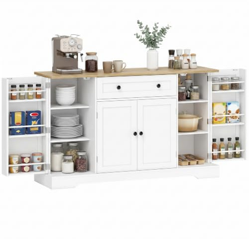 HOMCOM Sideboard Küchenschrank mit 4 Türen Schublade 138x40x85 cm Weiß | Aufbewahrungsschrank, Verstellbare Regale, Türregale, Buffetschrank, Küche, Esszimmer, Wohnzimmer