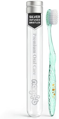 Nano-b Manual Toothbrush for Adults with Sensitive Gums, Silver Soft/Medium Bristles, Travel Case, Green