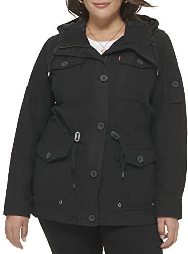 Levi's dam Plus Size Cotton Four Pocket Hooded Field Jacket Lätt militärjacka i bomull (standard och plusstorlekar)