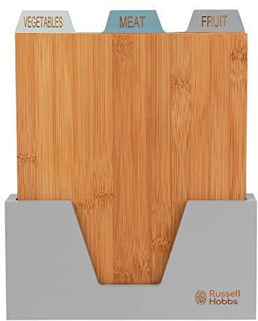 Russell Hobbs RH01366B8LDLDIR 3 Piece Bamboo Chopping Board Set with Holder, Index Style Wooden Cutting Boards for Contamination Prevention, Labelled Food Preparation Mats for Meat, Fruit, Vegetables
