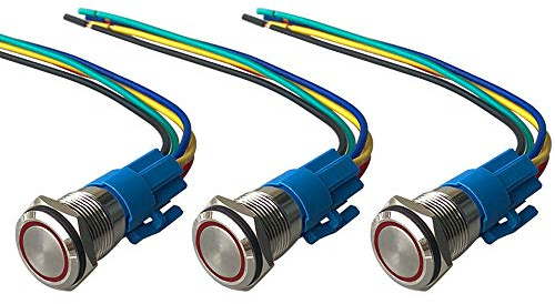QitinDasen 3Pcs Premium 12V / 24V 5A Interruttore a Pulsante Momentaneo, 19mm Interruttore a Pulsante in Metallo con LED Rosso, Interruttore Avviamento Auto in Acciaio Inossidabile impermeabile