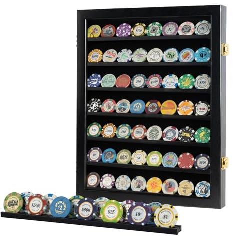 DisplayGifts Casino Coin Poker Chips Display Case Military Medal Pin Display Wall Cabinet Holder Wooden Box with 98% UV Protection Door, Lockable with Key Solid Wood Frame (Black Finish)