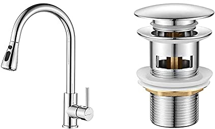 Ibergrif M22136 Rubinetto Per Cucina Con Doccetta Estraibile, Miscelatore Monocomando Per Lavello & , Scarico Lavabo Bagno Universale Pop Up 1/4 '', Valvola Piletta Lavandino Click Clack