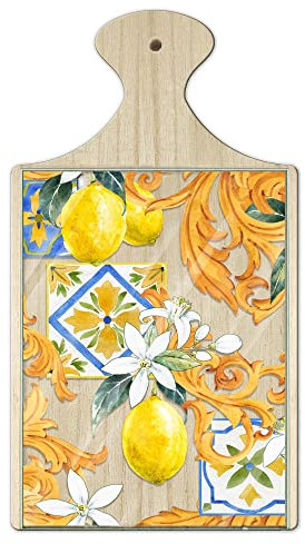 Lupia - Tagliere in Legno Decorativo con Vetro stampato a colori multiuso con manico 16x29 cm LIMONI E ACANTO