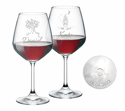MASTERLASER3.0 Bicchiere da vino personalizzato, calice da vino rosso inciso al laser, 530 ml, set da vino personalizzato con nome, iniziali e data, migliore idea regalo – Quantità (6)