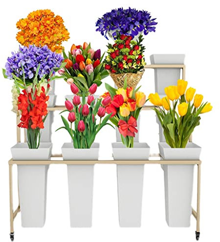 FKKPRVAX Blumenständer mit 12 Eimern, robuster Pflanzenständer mit Rädern, 84 cm hoch, Blumenwagen, 3 Etagen, Blumenregal für Floristen, Garten, Terrasse, Farbe: Goldfarben