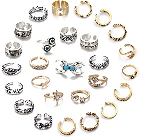 Acruccen 27 Pcs Open Toe Rings Set for Women Adjustable Vintage Retro Toe Ring Summer Beach Foot Jewelry Boho Knuckle Finger Tail Rings