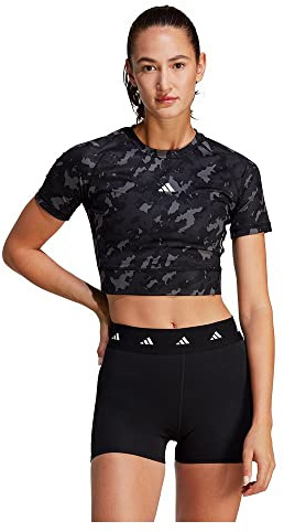 adidas Damen Techfit Camo Print Crop Training Tee, Carbon, XL