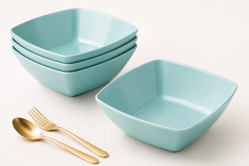 Buzztrove 4 Pack Plastic Bowls 24x24cm Turquoise – Reusable Square Serving Bowls – Durable Plastic Pasta, Fruit & Salad Bowls – Lightweight Turquoise Party Bowls.