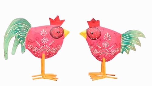 ETC frühlingshaftes kleines buntes Deko-Huhn und Deko-Hahn Metall bemalt im 2er Set rosa