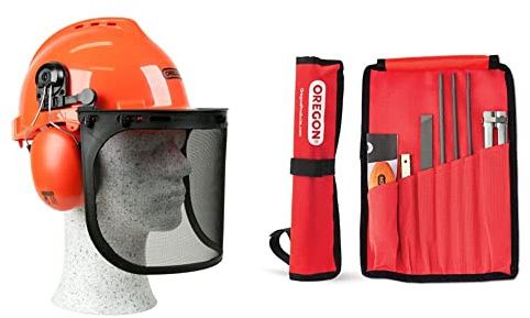 Oregon Yukon Kettensägen-Sicherheitshelm mit Gehörschutz und Netzvisier (562412), Orange & Universal-Kettensägen-Feilensatz, Kettensägen Schärfgerät Wartungssatz für Sicheres Rot – gerollte Tasche