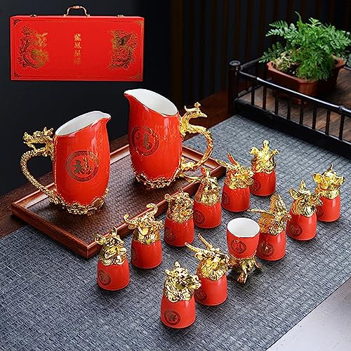 Creative Ceramic Wine Pot Wine Glass Set，Red Whisky Decanter Set, 12 Animals Zodiac Wine Cups Jug Chinese Dragon And Phoenix Pot With Gift Set For Husband, Dad Boyfriend (Style 2)