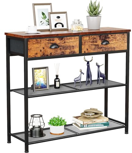 Furologee Console Sofa Table with Storage Shelf for Entry Way, Small 30'' Entryway Table with 2 Fabric Drawers, Industrial Display Shelves for Hallway, Entrance, Foyer, Rustic Brown