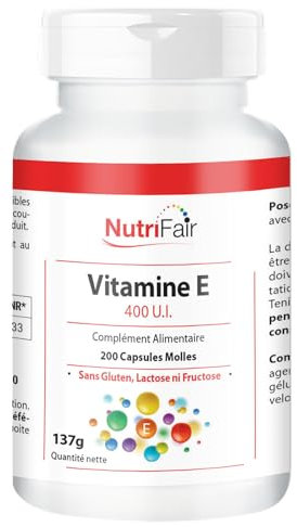 Vitamine E 400 I.U. - avec 268mg de vitamine E par capsule - 200 capsules molles - Hautement dosé - Production allemande & tests en laboratoire - NutriFair | Premium & Fair