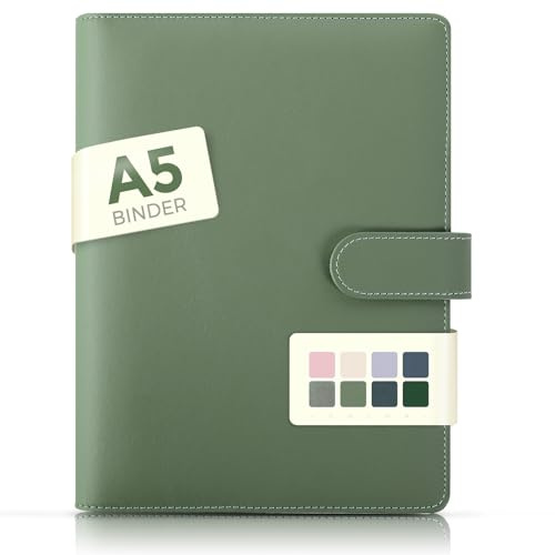 a5 Binder, ringbok, konstläder, påfyllningsbar, budgetbinder, anteckningsbok (invändigt papper ingår ej), arrangör för kontor, skola och resor (olivgrön)