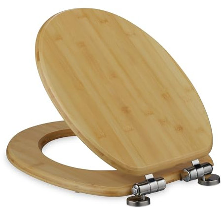 Relaxdays Tavoletta WC con Chiusura Ammortizzata, LxP: 37,5 x 43,5 cm, Sgancio Rapido, Sedile Ovale in bambù, Naturale