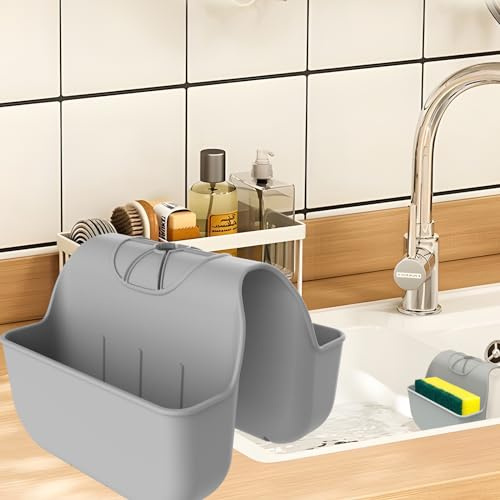 OKeanu Silicone Sink Saddle Caddy Organizer Rack, Sponge Holder for Kitchen, Over Faucet Hanging Organizer Accessories Basket - Gray