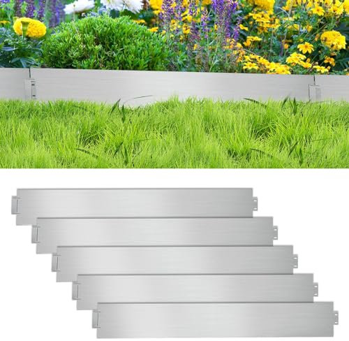 Ikodm Bordure de Jardin Gazon en Acier Galvanisé 5M, Bordure Jardin Exterieur Metal,Bordure Jardin plié Librement, Hauteur 15cm, pour Jardin Plantes Potager-Argenté
