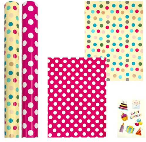 2 Rollen 43 cm x 12 m Geburtstagsgeschenkpapier, Geschenkpapierrollen, recycelbares Papier für Geburtstags-, Hochzeits-, Party-, Valentinstag- und Muttertags-Geschenkdekorationen