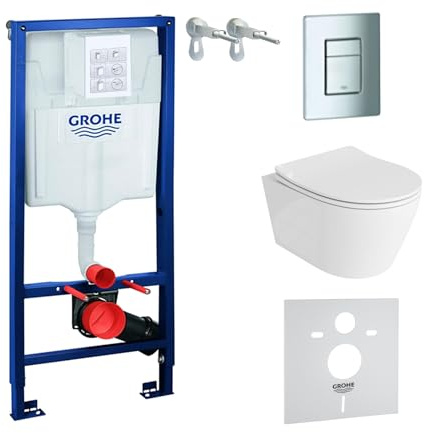 LAVITA Vorwandelement Solido + Wand Hänge WC Praia Weiß Spülrandlos + + WC Sitz mit Absenkautomatik Verchromter Knopf Komplettset Unterputz Spülkasten Toilette Komplett Sett WC