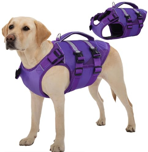 Kuoser Schwimmweste Hund groß, Hundeschwimmweste mit Griff, Lila XL | Rettungswesten für Hunde mit Reflektierend, Verstellbare Hunde Schwimmweste für große Hunde mit Verbesserter Auftrieb