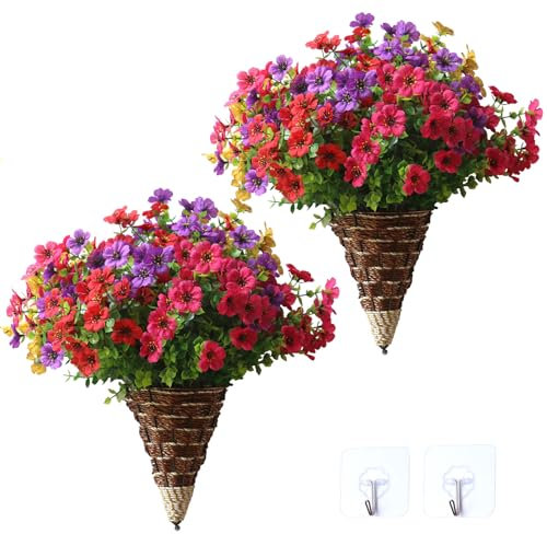 YXYQR 2PCS Artificial Hanging Flowers Plants with Wall Hanging Basket Indoors Outdoor UV Resistant Fake Silk Flower in Hanging Planter for Porch Front Door Garden Home Patio Living Room