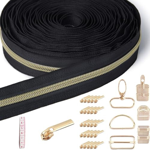 Sonekin Cerniere Lampo a Metro, 9 m Cerniera a Metro, 25 Tiranti in Metallo, 30 Accessori in Metallo per Cucire Borse, Adatti per Cucito e Artigianato (Oro)