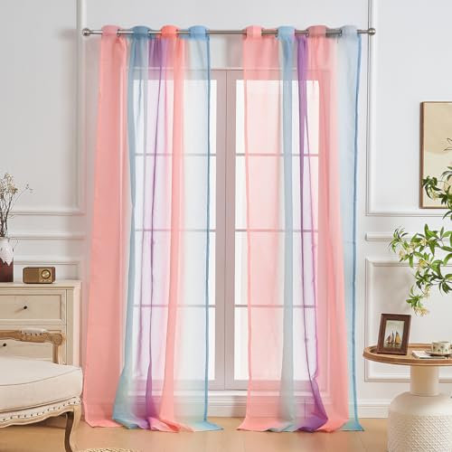 NETMEO Juego de 2 Cortinas para Dormitorio Infantil, Cortinas para habitación de niñas, Cortinas translúcidas Que filtran la luz, Cortinas de Tul Degradado (Rosa Azul Púrpura, L132 × A213cm ×2P)