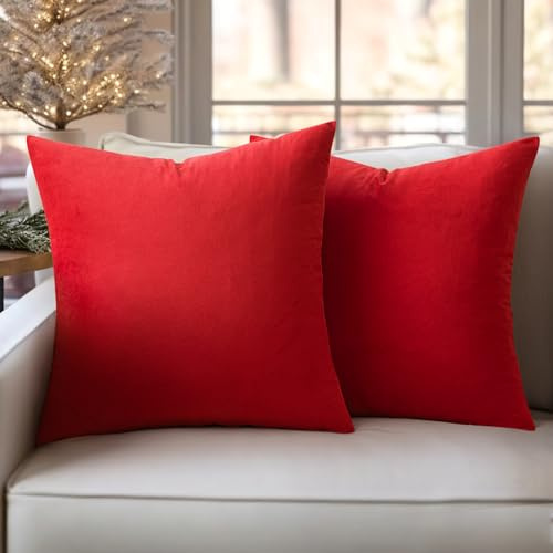 Slozzi 2er Set Samt Kissenbezüge Haushalt Dekokissen Dekorative Kissenhülle Weich Sofakissen für Sofa Schlafzimmer Wohnzimmer 50x50 cm Rot