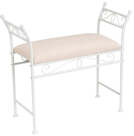 LOLAhome Banqueta para pie de Cama de Metal Blanco y Asiento de Lino Beige | Taburete para dormitorio o vestidor de 74cm de largo y 30cm de ancho. Altura asiento 49cm. Altura total 67cm