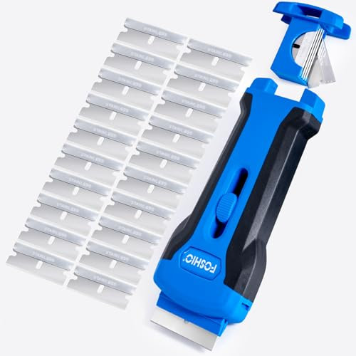 FOSHIO Raschietto per piastra in vetroceramica a induzione professionale, con 20 lame e contenitore per lame, raschietti in plastica, raschietto per la pulizia, ideale per la pulizia