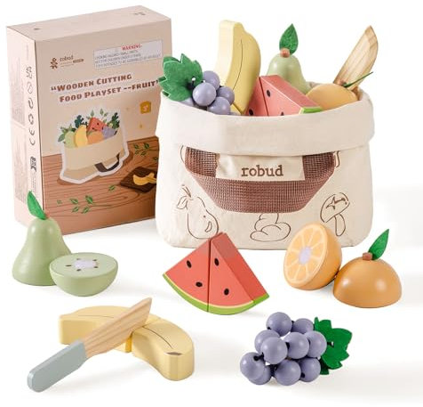 ROBUD Wooden Play Food Set, Cutting Toy Food for Pretend Kids Play Kitchen Accessories Playset with Storage Bag, Toys Gifts for 3+ Year Old Girls Boys - Fruit Set
