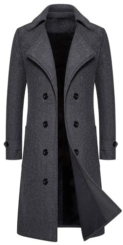 Flodxo Trench Coat Men Long Wool Coats Winter Jacket for Men UK Turndown Long Sleeve Classic Business Cardigans Plus Size Outwear Overcoat Elegant Work Pea Coats Casual Smart Jackets Dark Grey L
