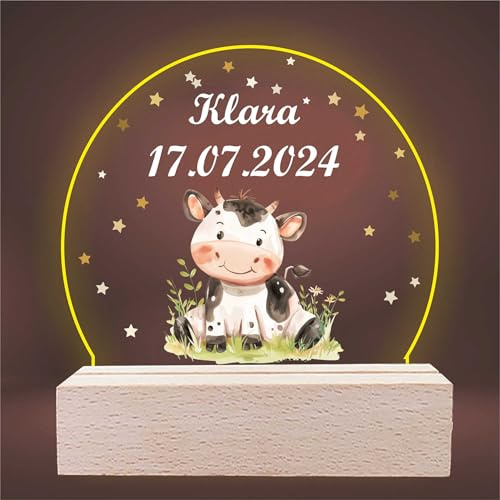 INDIGOS UG - LED Lampe personalisiert - Kuh - Nachtlicht Kinder - personalisierte Geschenke - Nachtlampe - Geschenk für Baby und Kinder mit Wunschtext