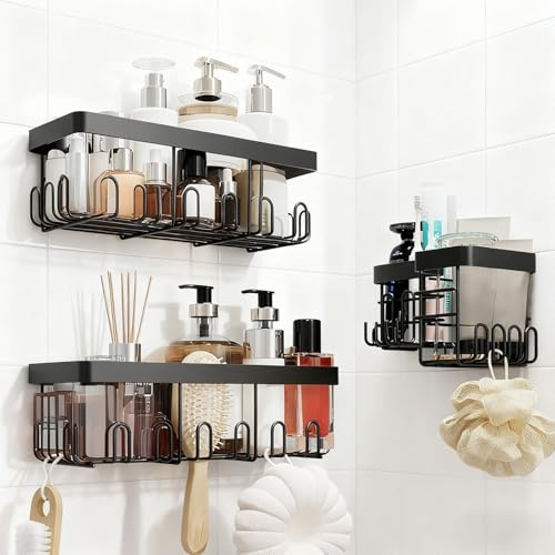 RUIHANDA 4 in 1 Upgrade Duschablage [18KG Tragkraft!] [10cm Hochkante ] [32 Haken] Dusche Organizer Set mit Seifenschale & Rasiererhalter, Ohne Bohren - Ultra-Starke Klebepads, Schwarz