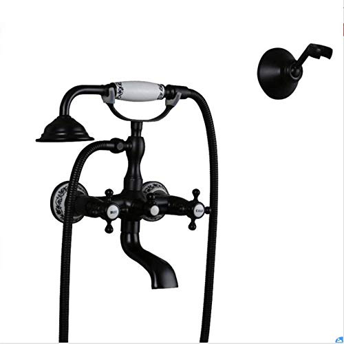 Agteruo Bath Taps with Shower Attachment Victorian Bathtub Mixer Tap with Handheld Dual Lever Bathroom Shower Taps Vintage Black