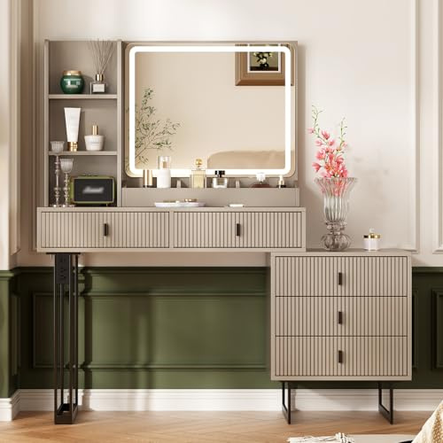 Ieejdn Makeup Vanity Desk with Mirror and Lights, Vanity Desk with 8 Drawers & Storage Shelves, Vanity Table with Power Outlet, 3 Color Modes & Adjustable Brightness Dressing Table, Bedroom,Pink