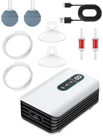 Pawfly Aquarium Luftpumpe Wiederaufladbare Batterie-Sauerstoffpumpe für 19-380 L Fischbecken Eimer Tragbare Live Bait Belüfter für Fische Einstellbare Luftpumpe für Outdoor-Angeln und Fischtransport