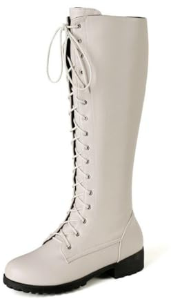 Stivali da Combattimento da Equitazione Alti al Ginocchio da Donna Stivali Alti con Tacco Grosso Scarpe Militari Stringate,Beige,38 EU