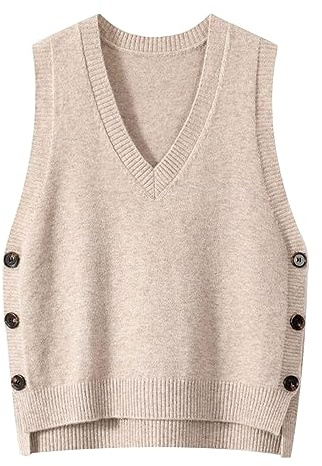 Generisch Chaleco de punto retro con cuello en V para mujer, perfecto para primavera, color sólido, estilo casual, beige, Talla única