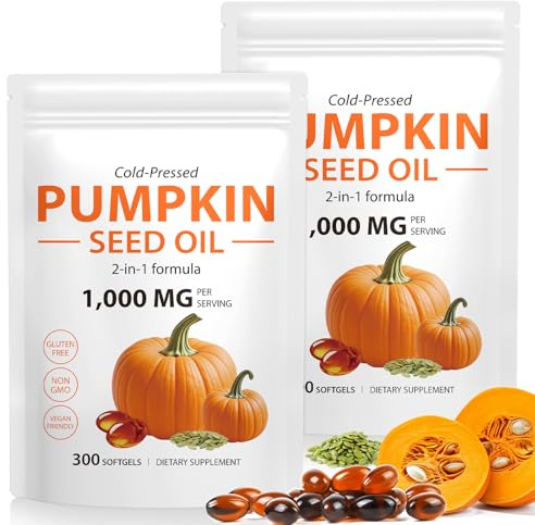 Pumpkin Seed Oil Capsules, 600PCS Pumpkin Seed Oil for Hair Growth & Prostate Health, Hormone Balance, Cold Pressed, Supports Urinary, 2-in-1 Formula Skin Care (2 PCS)