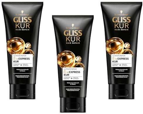 3x Gliss Kur 1-Minute Express Kur Ultimate Repair Haarkur mit Keratin für extrem geschädigtes Haar, schon nach 1 Minute wirksam, 200ml (3er Pack)