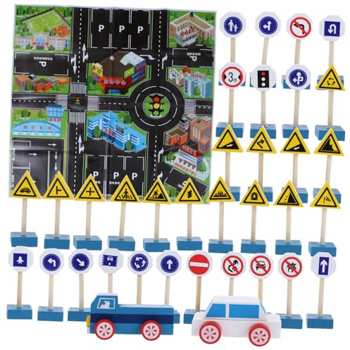 Abaodam Jeu de Blocs Panneaux Routiers Bois Double-Face pour Garçon Fille Apprentissage Sécurité Routière avec Panneaux Colorés Petites Voitures et Carte Éducatif et Ludique pour Garçons