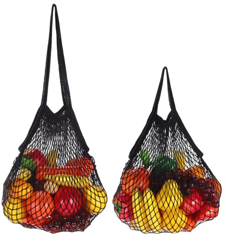 sourcing map 2 Pcs Reusable Mesh Produce Storage Bags Washable Net Portable Fruit and Vegetable Bag Cotton String with Long Short Handle for Grocery Shopping Storage Fruit Vegetable, Black